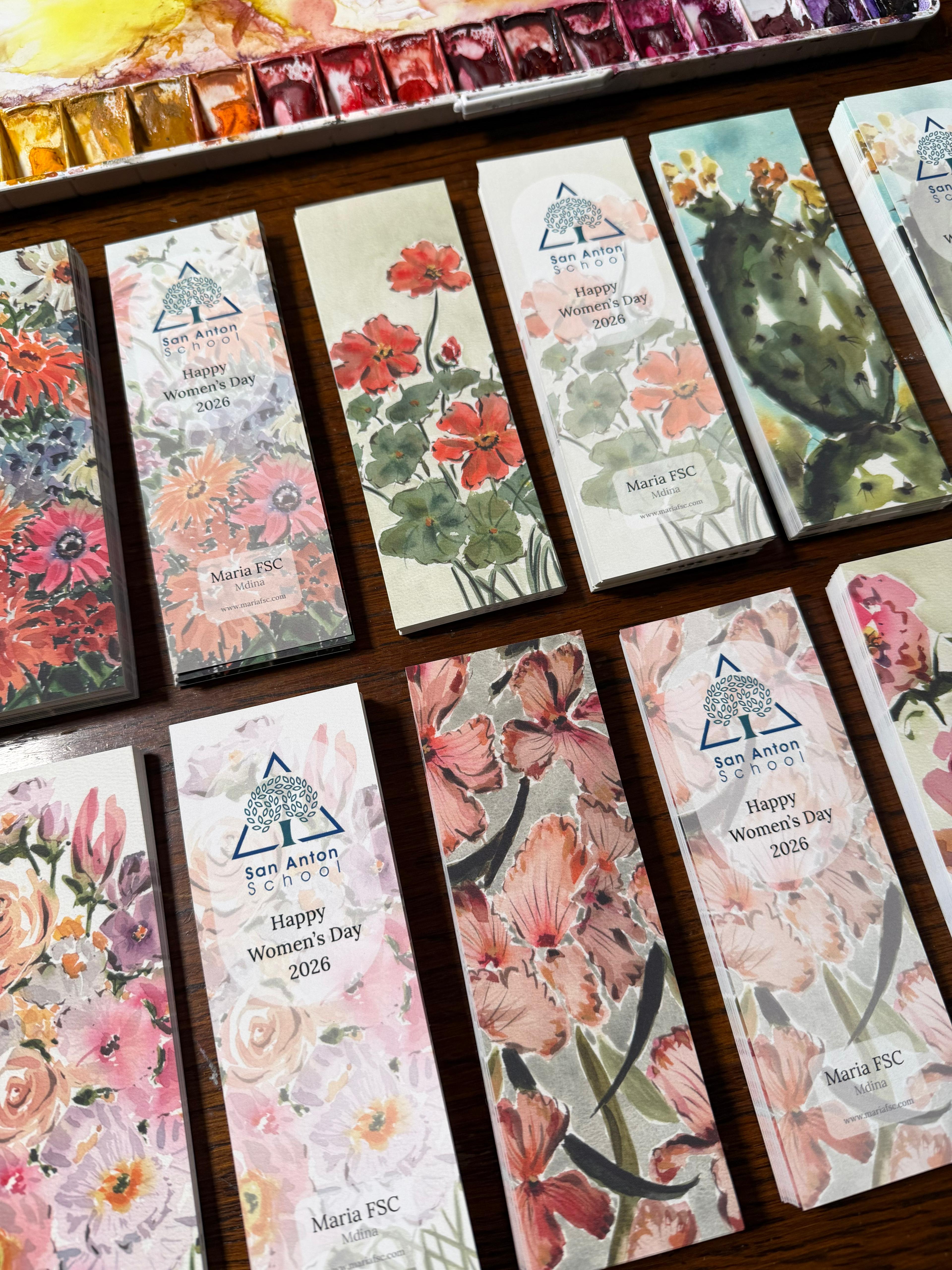 Custom watercolour bookmarks for San Anton School, Women's Day 2026